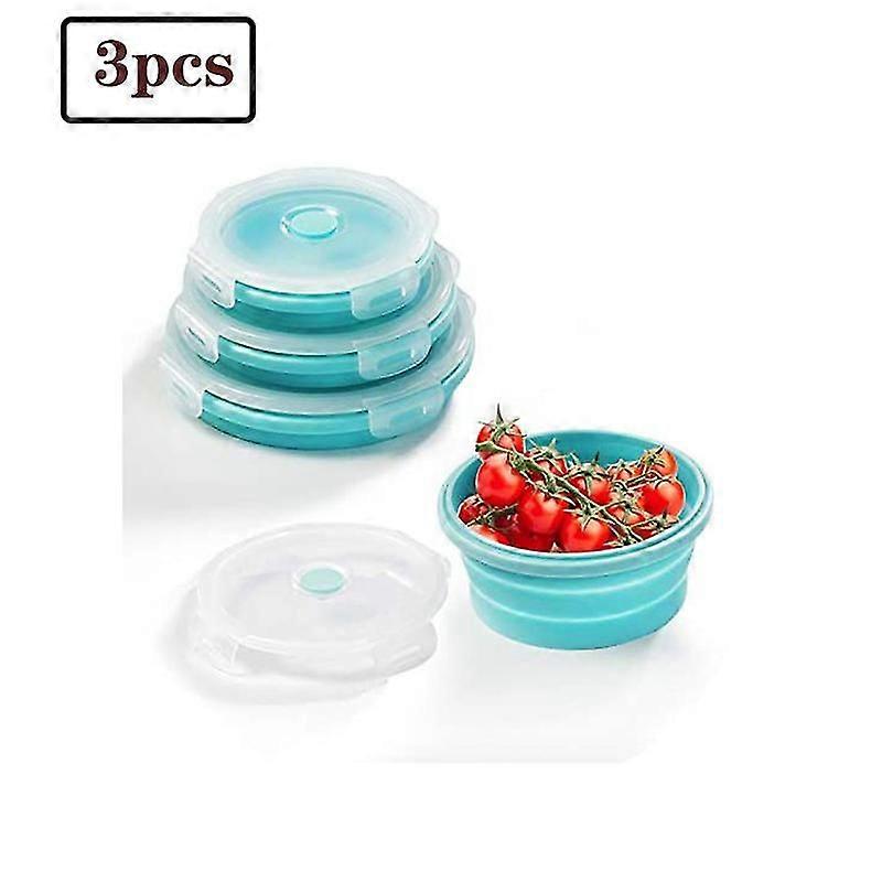 3 Pcs Round Silicone Collapsible Containers, Collapsible Food Storage Boxes Silicone Lunch Boxes For Microwave, Fridge, Blue