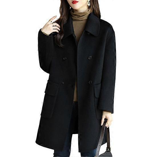 Women Jacket Turn-down Collar Long Sleeves Double-breasted Windbreaker Loose Pockets Mid Length Outdoor Travel Commuting Overcoat
