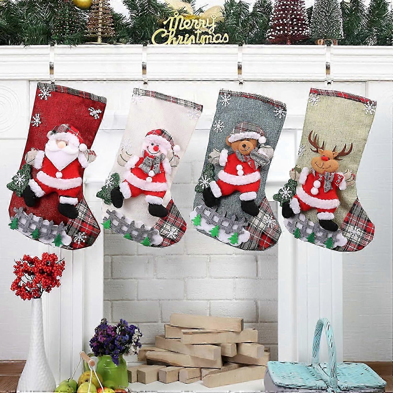 Christmas Stockings Set Of 4 Stocking With Santa, Snowman, Reindeer, Bear, 3d Plush Xmas Decor For Family Holiday Christmas Party Ornament
