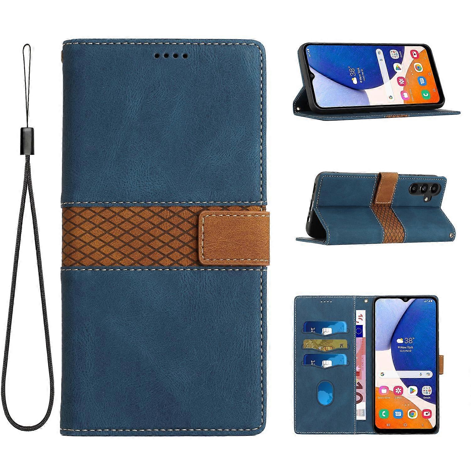 Grid Stitching Leather Phone Case with Lanyard