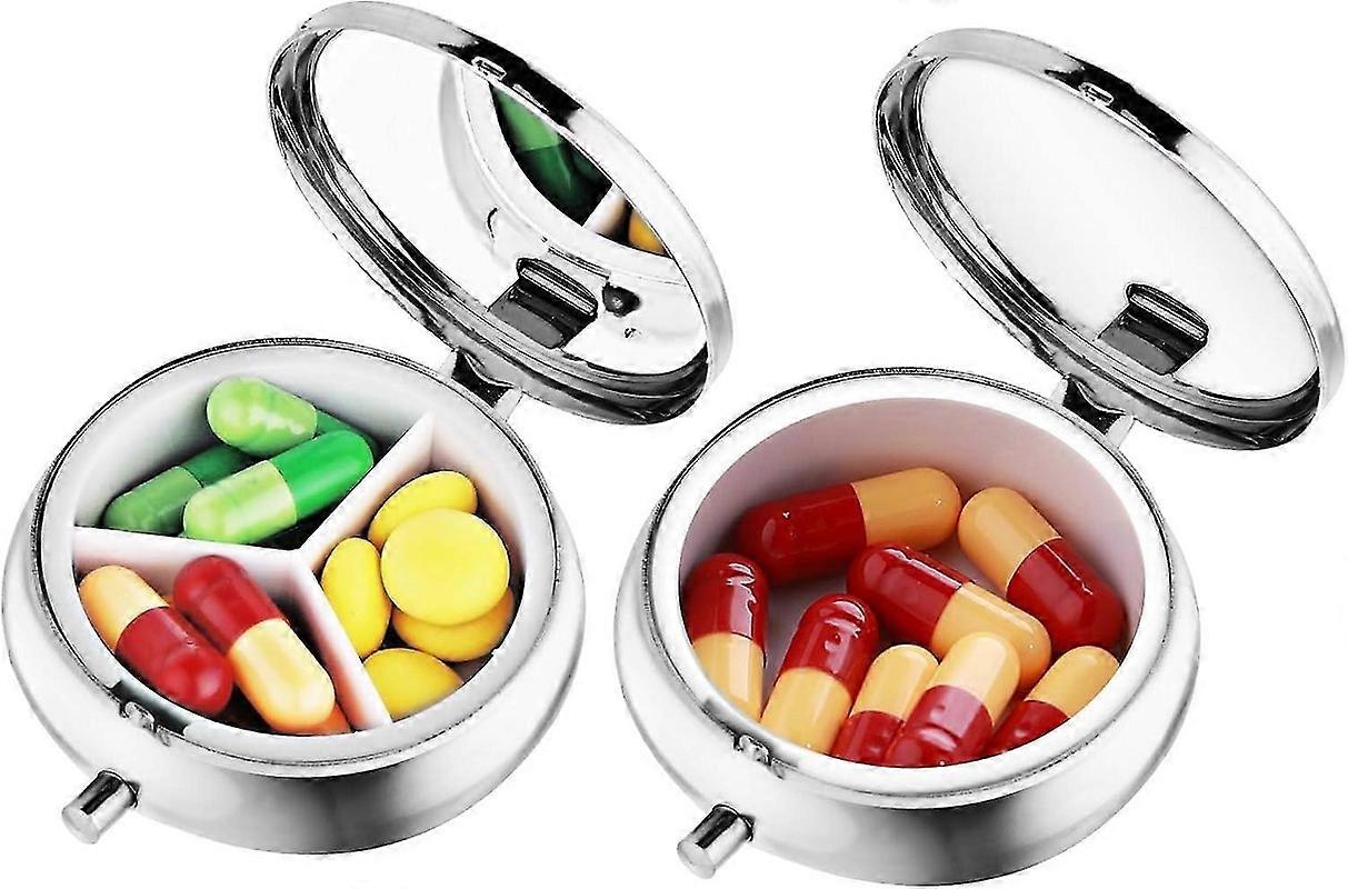 Portable 3-Compartment Pill Box with Mirror - Mini Retro Travel Pill Container Holder
