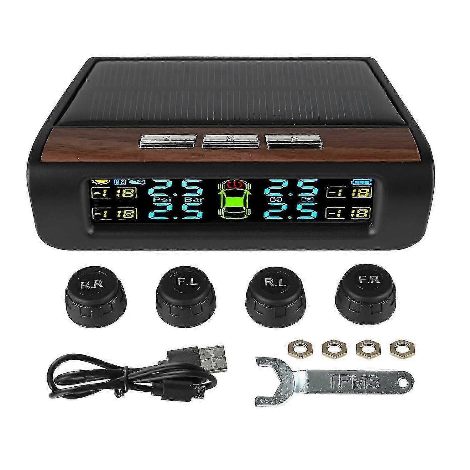 Wireless Solar TPMS LCD Car Tire Pressure Monitoring System with 4 External Sensors Solar Automatic