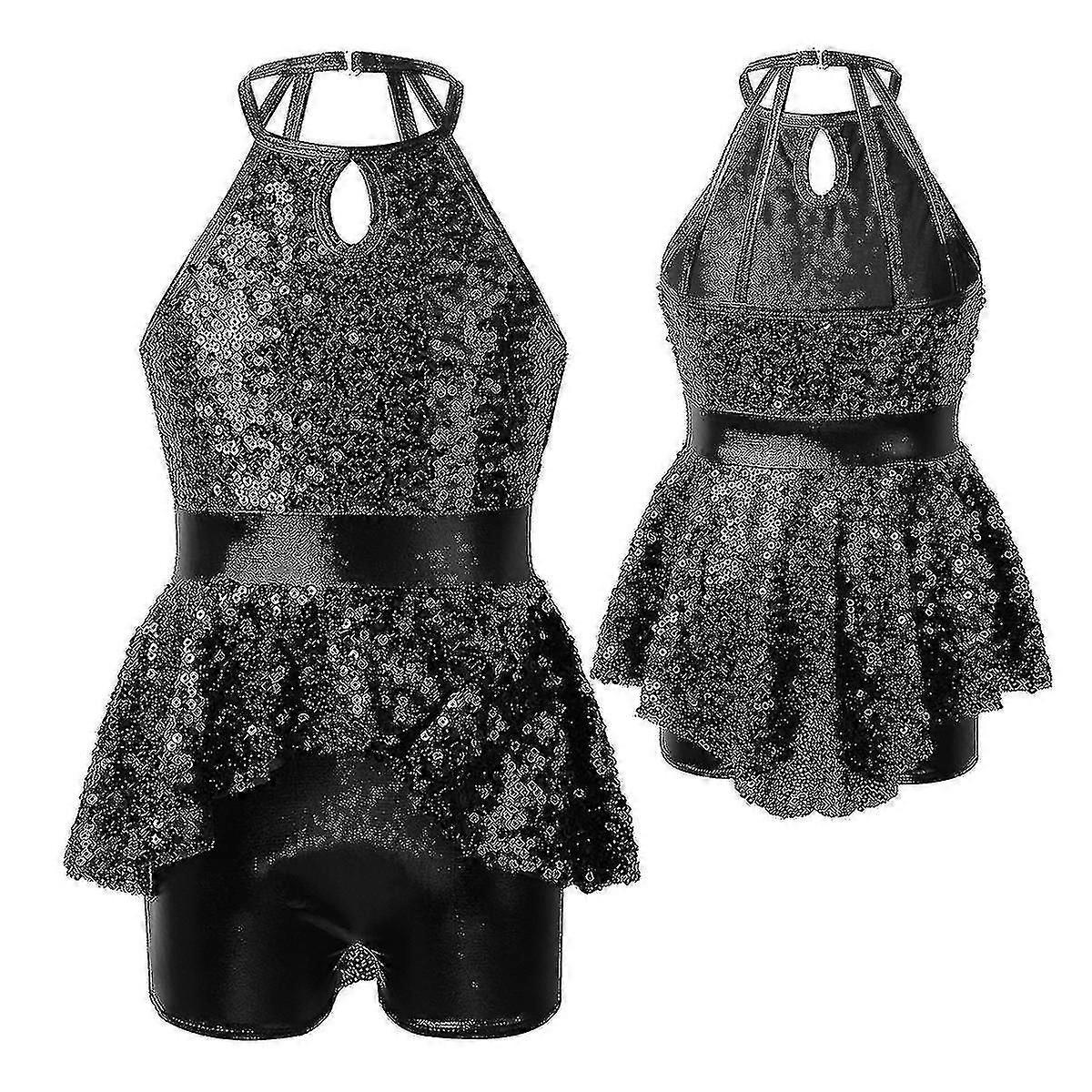 Kids Girls Halter Shiny Sequins Ballet Figure Skating Dress Gymnastics Leotard Unitards Stage Performance Lyrical Dance Costumes