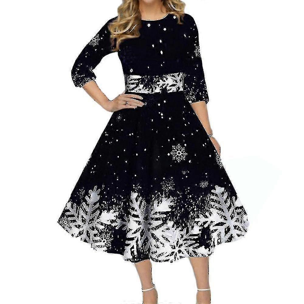 Retro kvinnor Jul Snowflake Tryck A-line Klänning Xmas Party Swing Klänningar