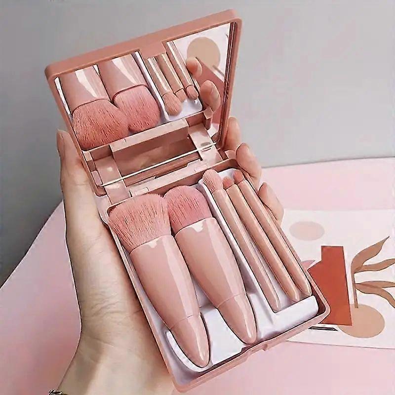 5 Pcs Mini Travel Size Makeup Brushes Set with Case and Mirror Mini Cosmetic Brushes Full Wool Fiber Hand Plastic Material