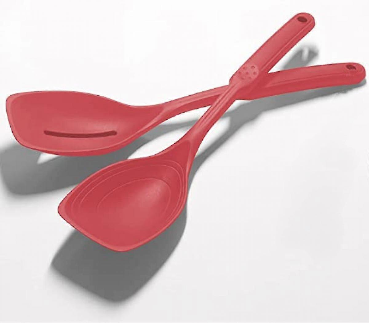 2-Piece Silicone Cooking Spoon, Non Stick Solid Spoon With Deep Pot And Measurement Mark Kitchen Kitchenware -Red