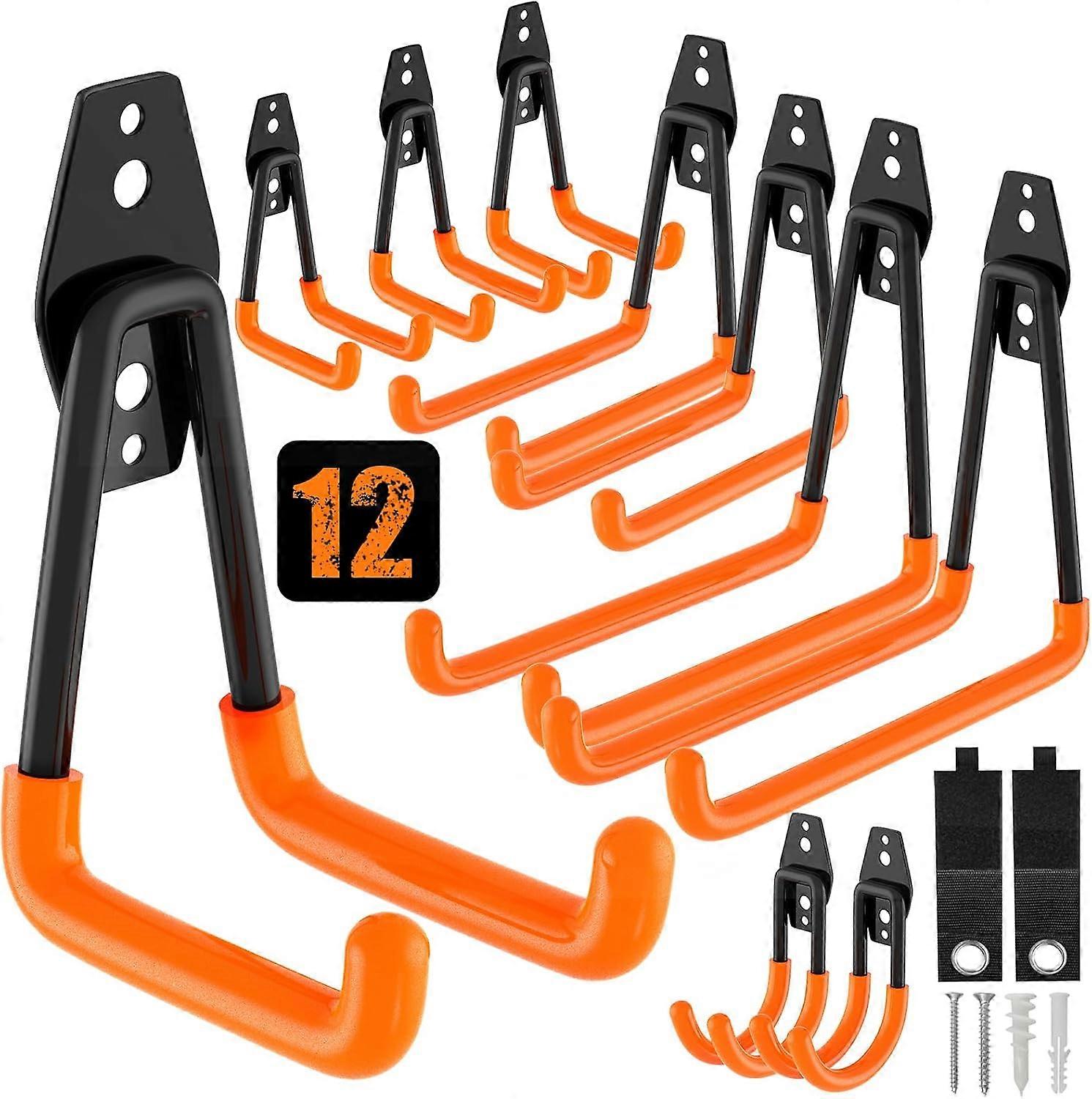 Heavy Duty Garage Hooks with 2 Extension Cord Straps - Wall Mounted Storage for Bikes, Ladders, Ropes and Garden Tools - Orange 12 Piece