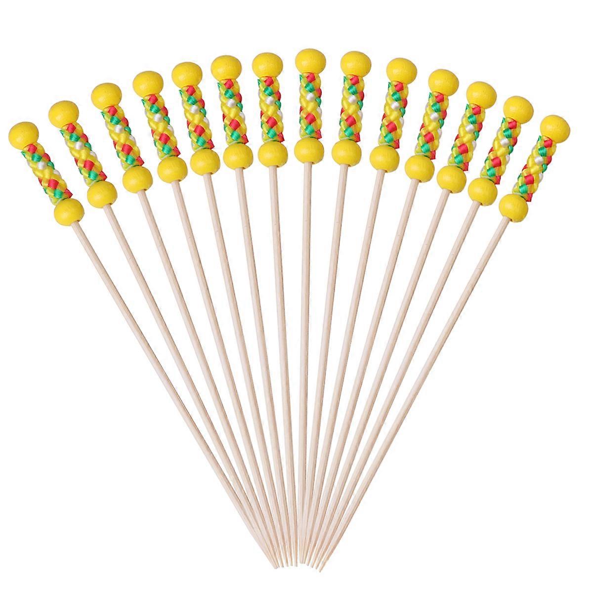 Disposable Bamboo Stick Fruit Drinks Decorative Skewer 100Pcs Double Bead Shape Design Yellow For Party Supplies Home Use