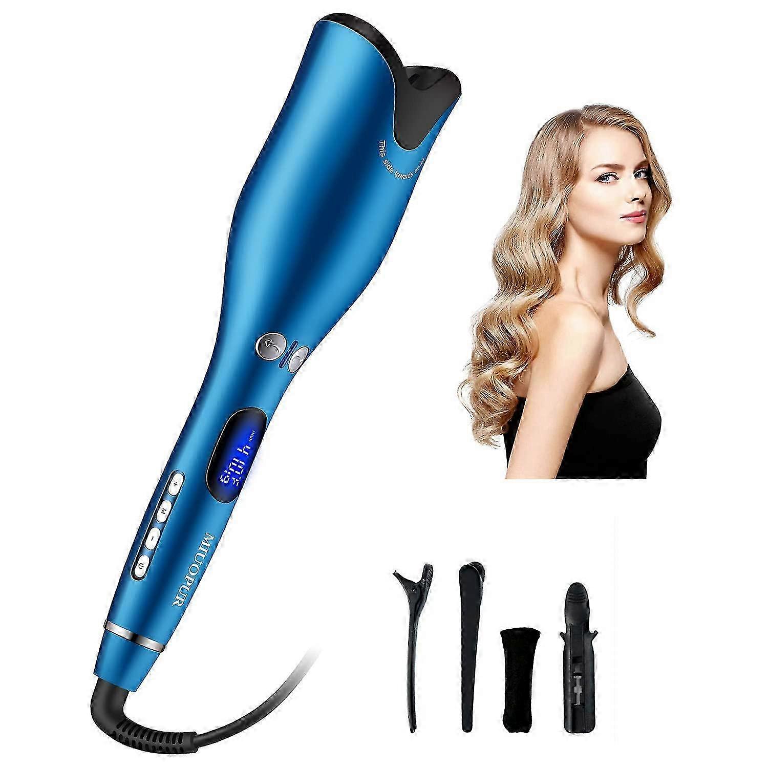 Automatic Hair Curling Wand with Ceramic Ionic Barrel, Smart Anti-Stuck Feature, Auto Rotating Design with Temperature Display and Timer, Su