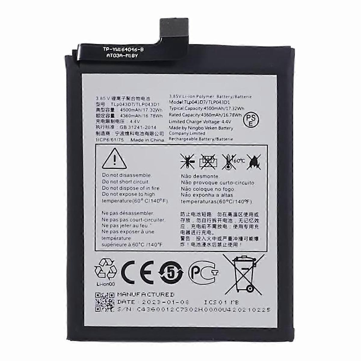 For TCL 20 Pro 5G 3.85V 4360mAh Li ion Polymer Battery Assembly Part (Encode: TLP043D7 TLP043D1) (wi