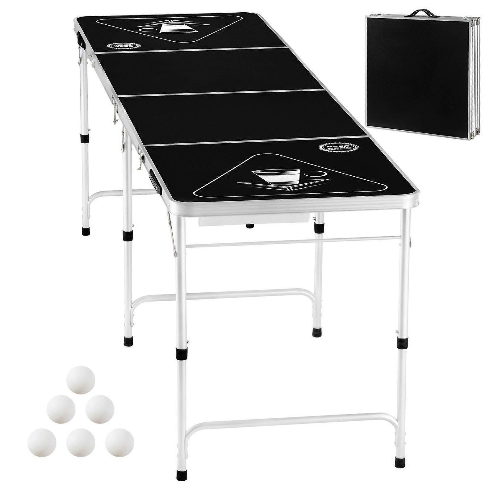 8 Foot Portable Beer Pong Table, Foldable Tailgate Table,Carrying Handles and 6 Pong Balls, Adjustable Height, Lightweight Table, Black
