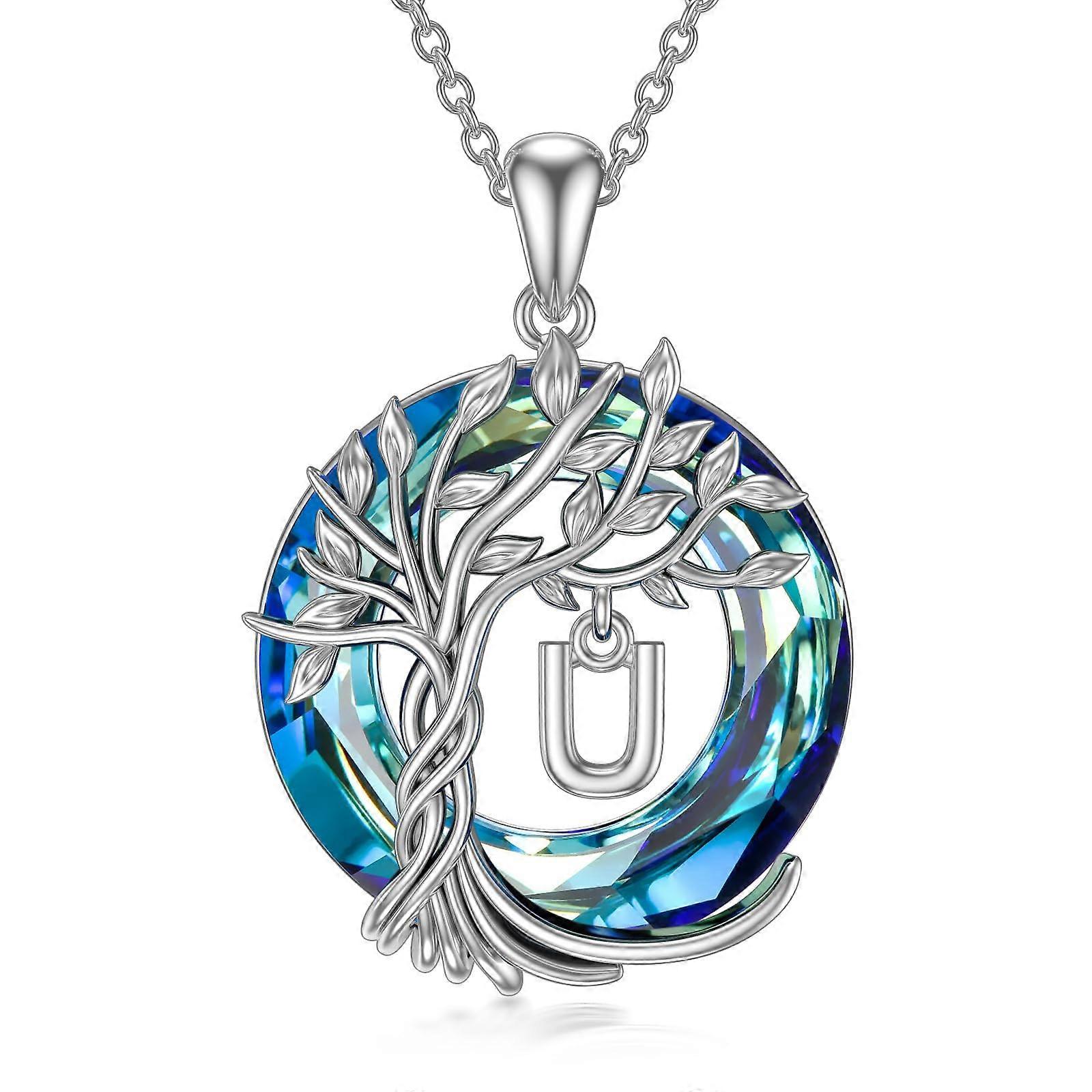 Tree of Life Chain Sterling Silver Pendant Necklace with Blue Crystal