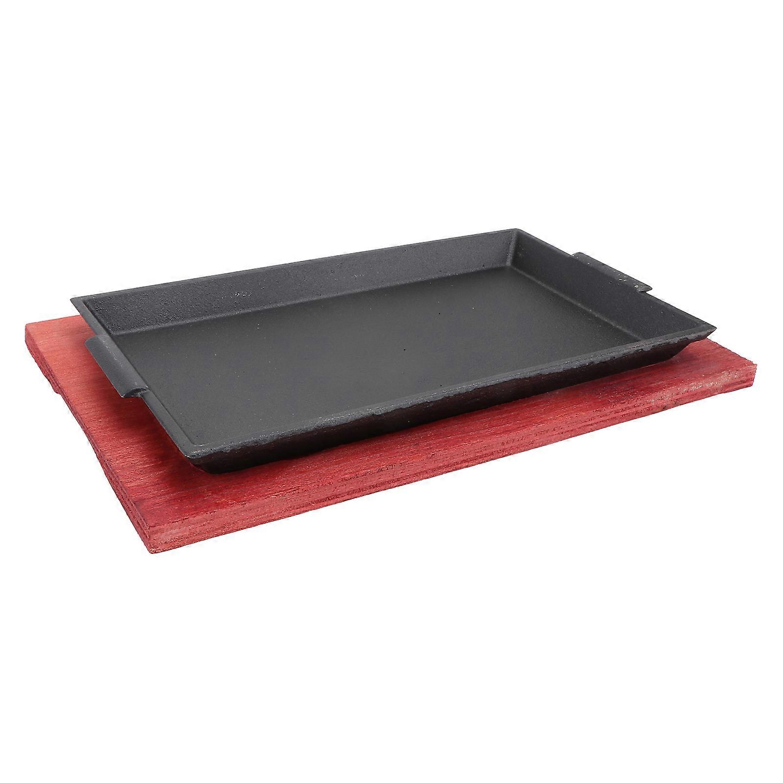 Chic Non Stick Steak Fry Pan for Induction & Gas Cooktops – Versatile Cast Iron BBQ Tray with Wooden Base for Teppanyaki & Roasting Meat