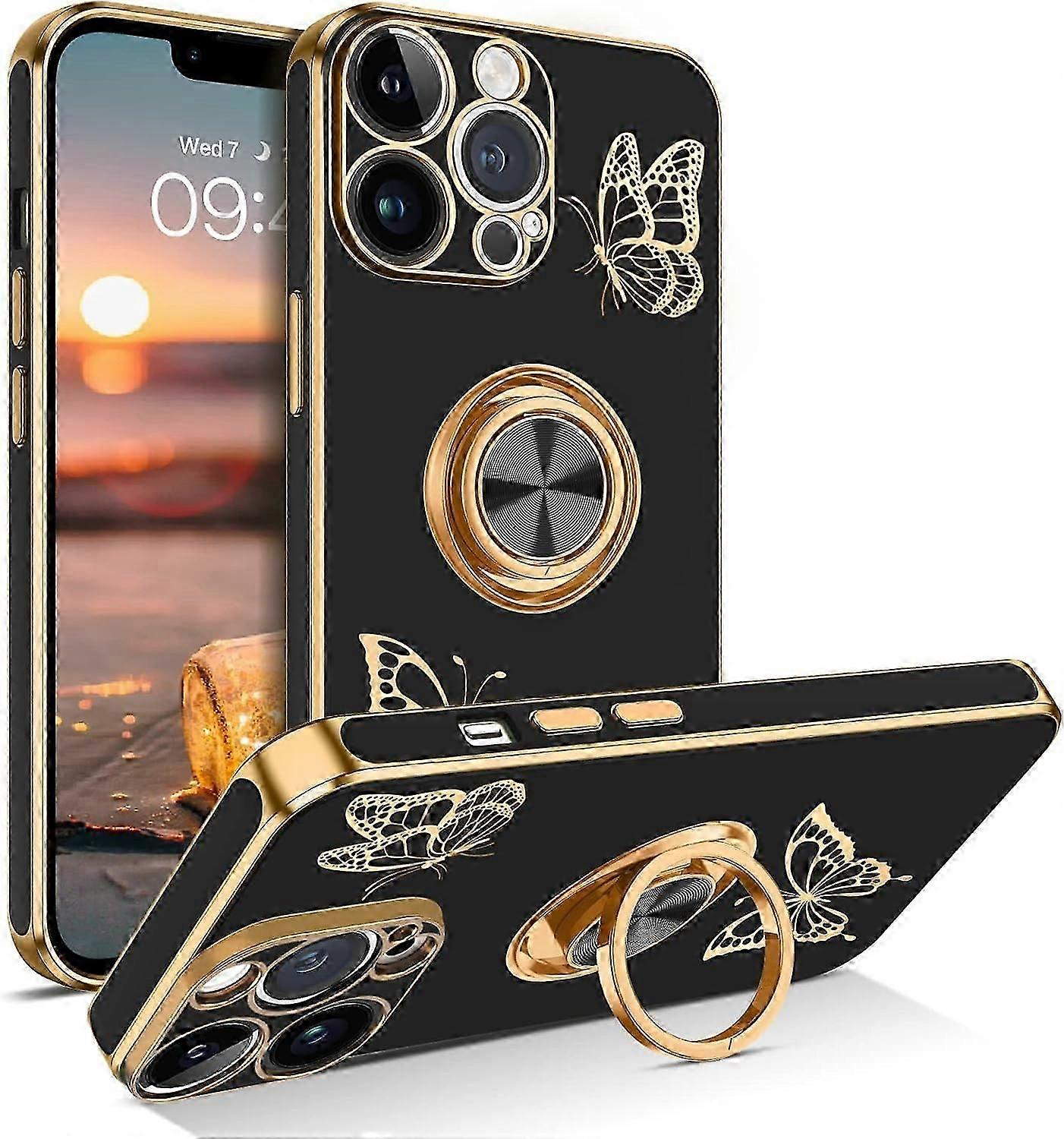 TIANYING for iPhone 13 Pro Max Case, Phone Case iPhone 13 Pro Max, Cute Butterfly Plating 360 Ring Holder Kickstand Magnetic Car Mount Supported Soft