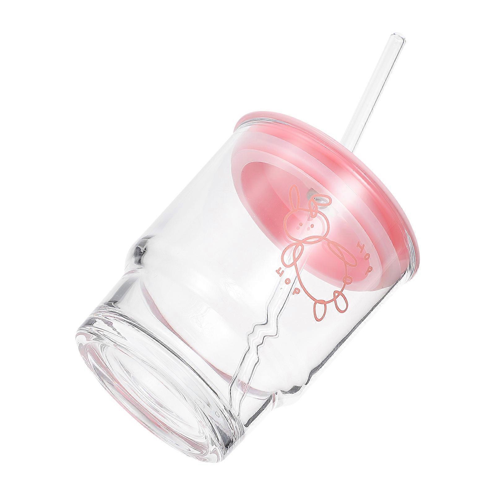 Korean Style Pink Glass Cup Container With Lid And Straw Perfect For Daily Use 10.5X9X9CM Serving Juice 1 Set
