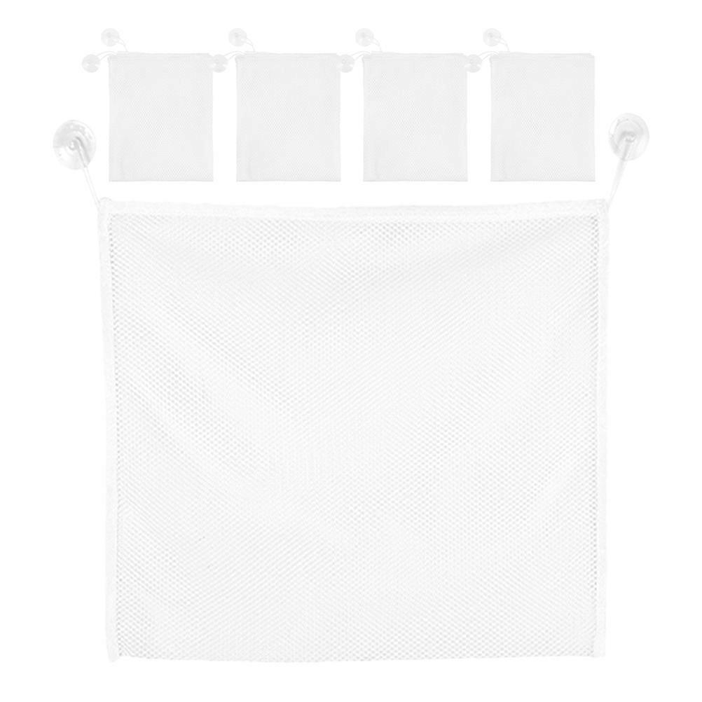 White Dacron Toy Storage Bag for Bathroom Use with Suction Cups 5 Pcs
