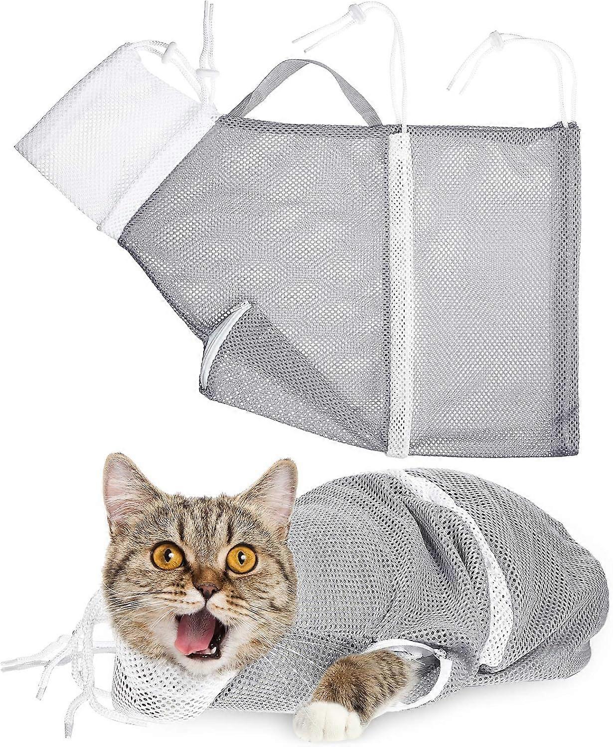 Cat Shower Mesh Bag Adjustable Cat Bathing Bag Multifunctional for Bathing, Cleaning Ears, Keeping Calm (Gray)