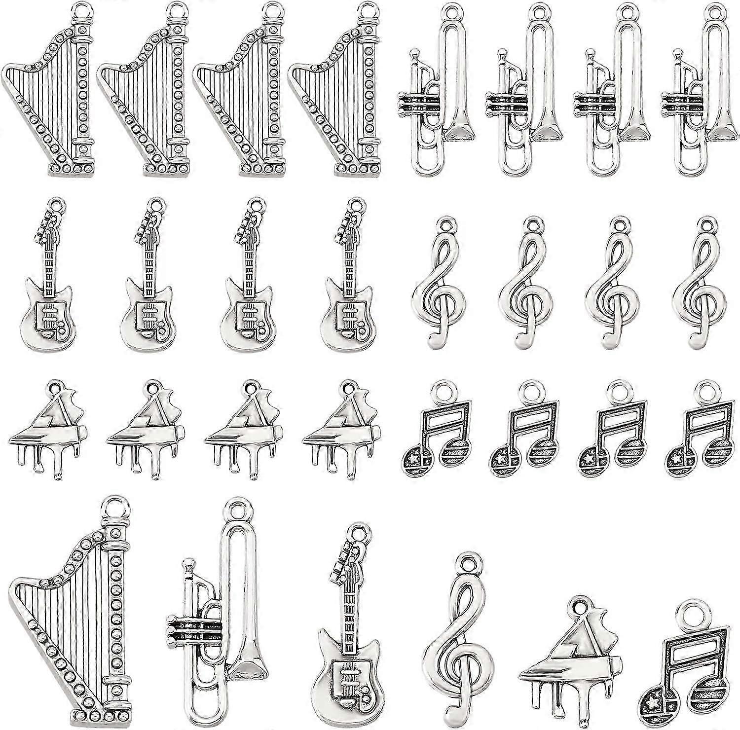 30pcs 6スタイル楽器チャームアンティークシルバー合金ペンダントDIYネックレスブレスレットジュエリー作り用チャーム(ギターハープトランペットピアノムス)