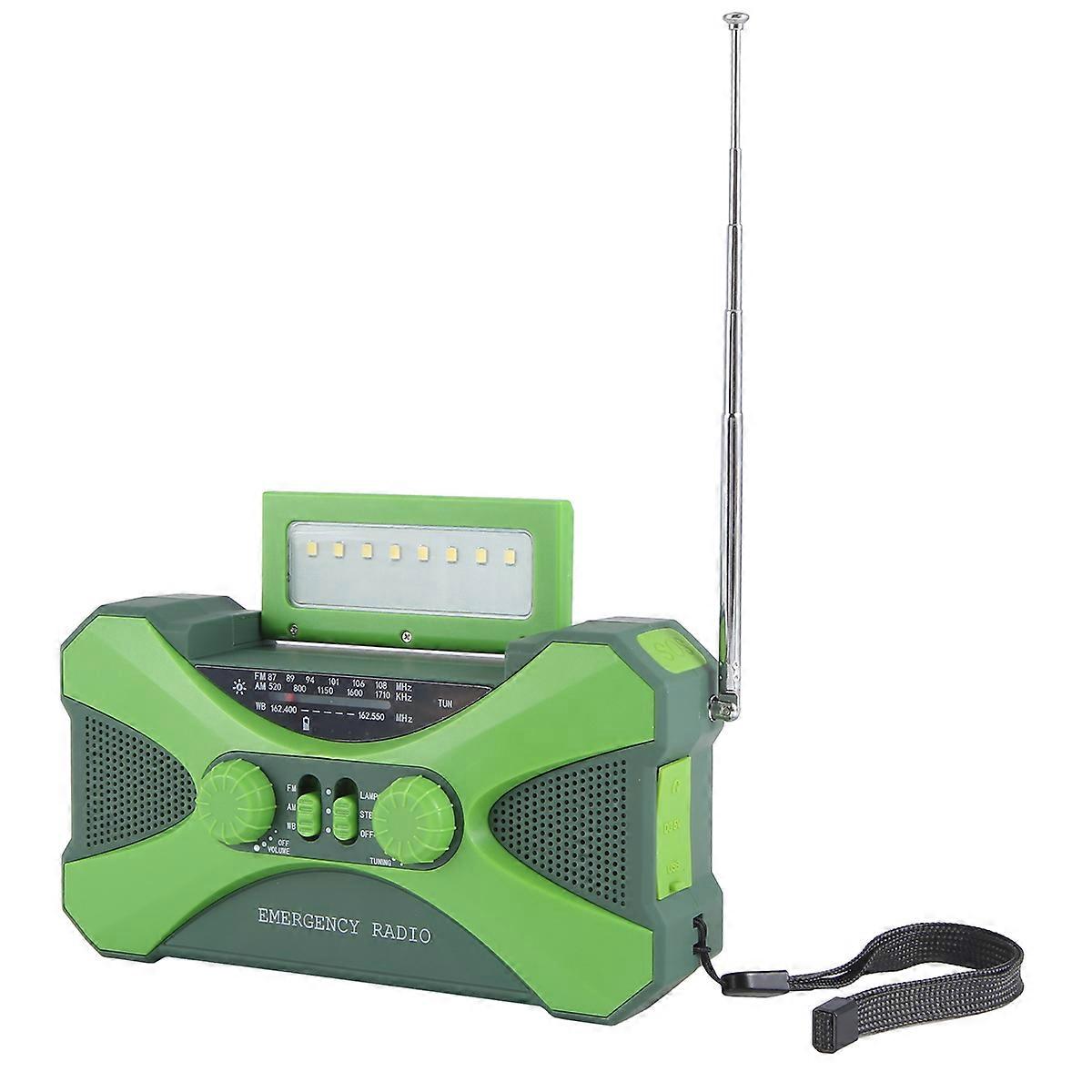 10000MAh Emergency Radio, Solar Hand Crank with Charger, LED Green