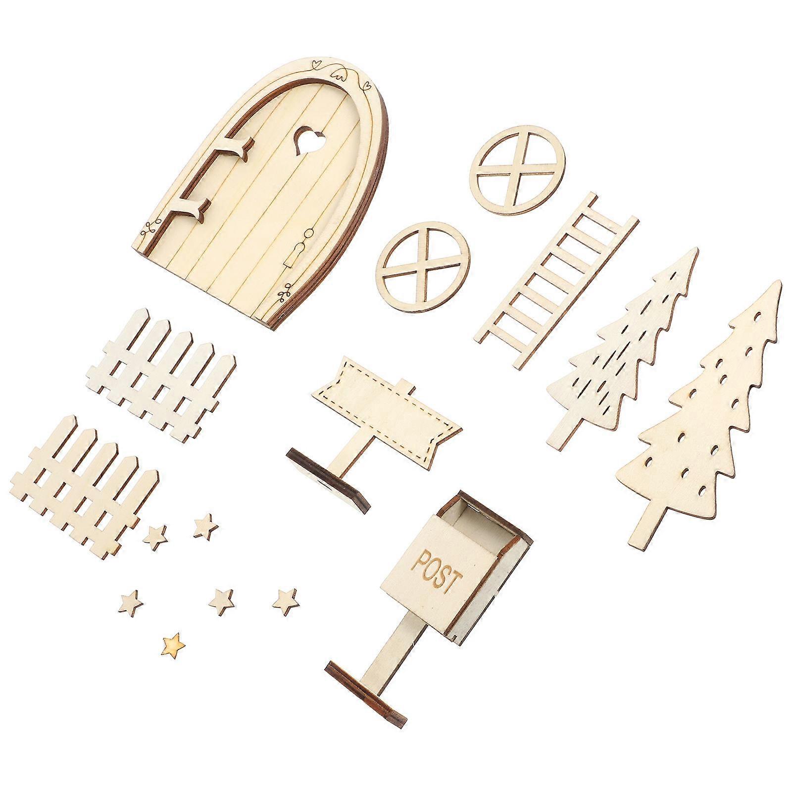 Wooden Door Scene Set Featuring 4Pcs Mini Mailbox Fence Tree And Ladders Suitable For Fairy Gardens And Indoor Decoration Projects