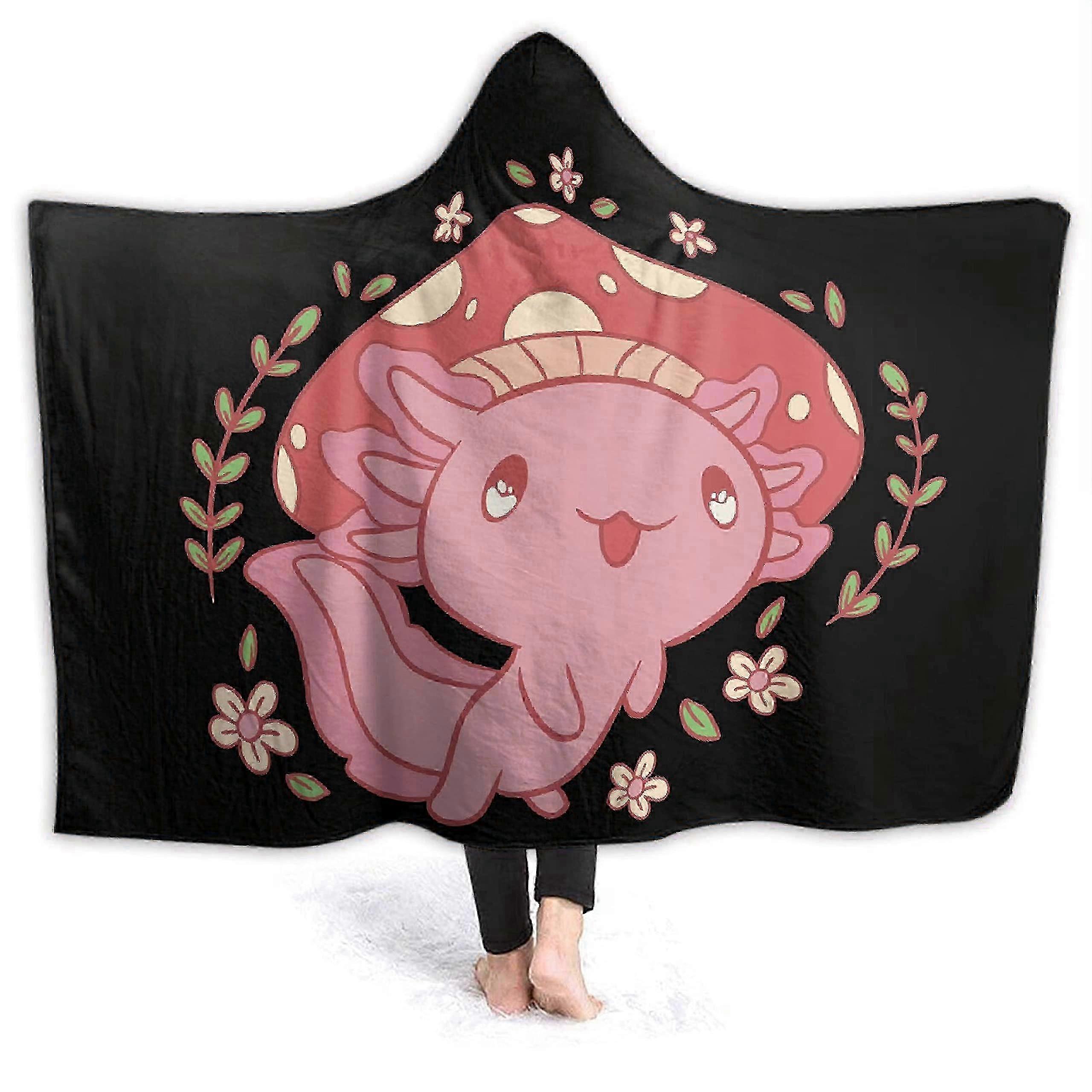 Axolotl and Mushroom Hooded Blanket Soft and Flannel Throw Suitable for Use in Bed, Living Room and Travel 80'x60' for Audlt