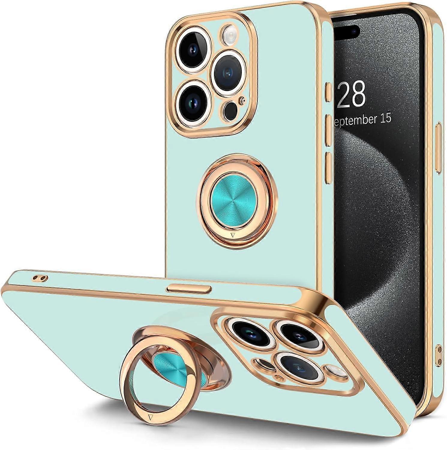 Case for compatible with iPhone 15 Pro Max, 360° Rotatable Ring Stand Magnetic Kickstand, Plating Rose Gold Edge Soft Cover, White
