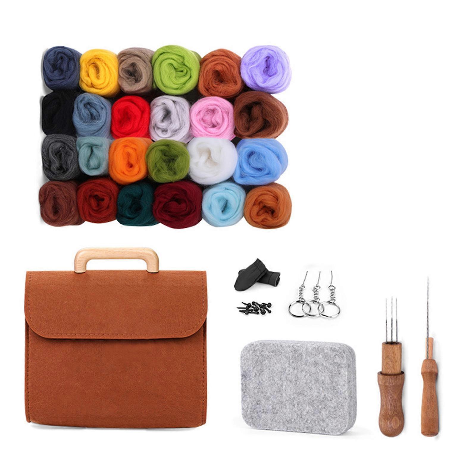 24 Color Needle Wool Felting Tool with Needle Instruction Wool Roving Wood Handle and Finger Cots for Wool Felting Craft Multicolor