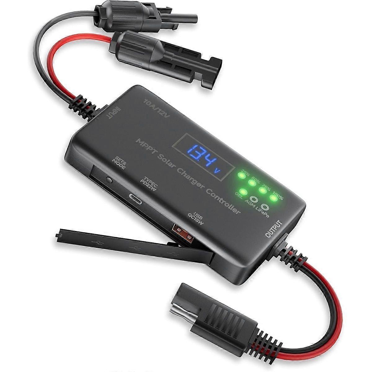 MPPT Solar Charge Controller 12V 10A, Solar Panel Charge Controller with Type-C and USB Output for ,