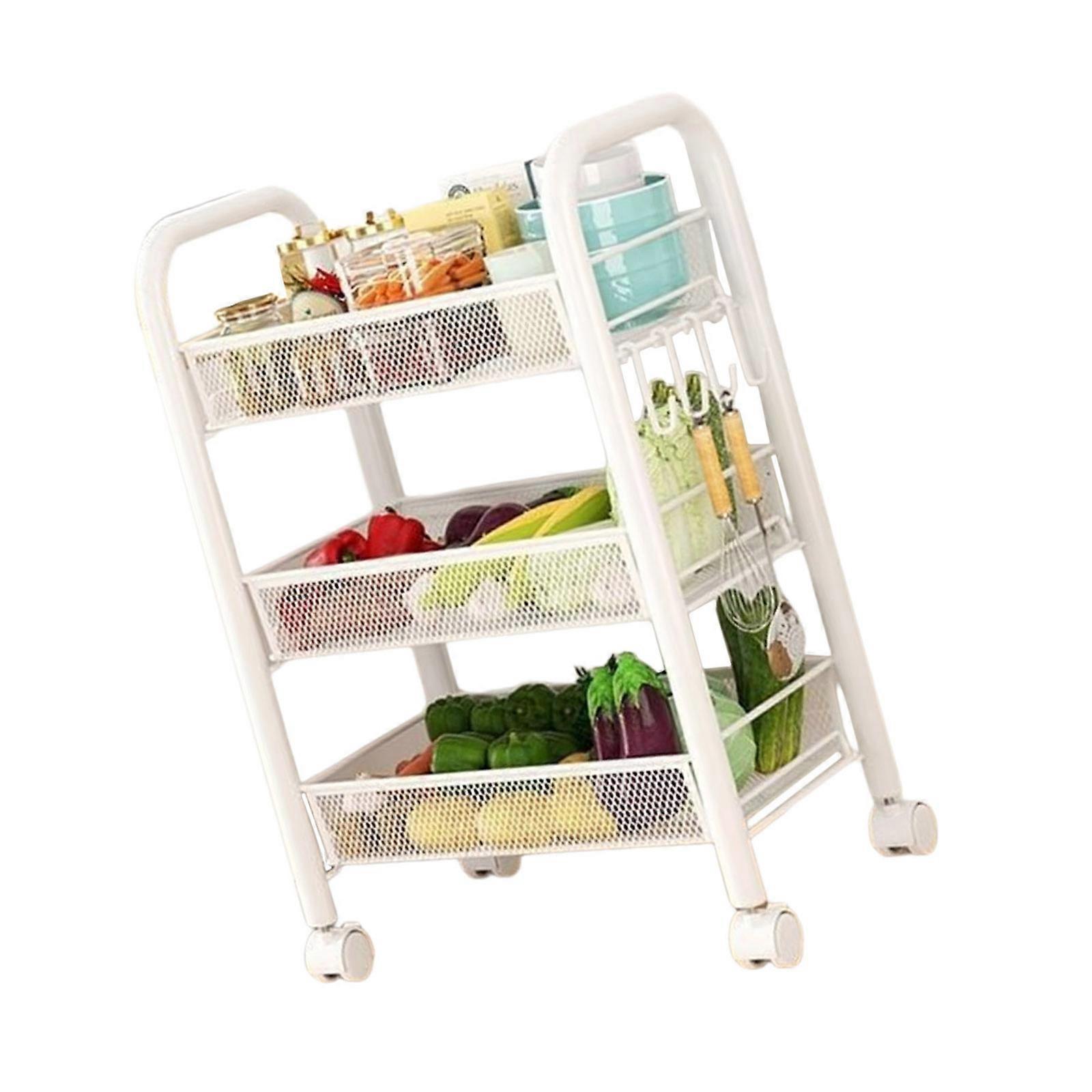 Space Efficient Rolling Storage Cart 3 Tiers Breathable Shelves Mobile Organizers With Hook for Bathroom Storage  White