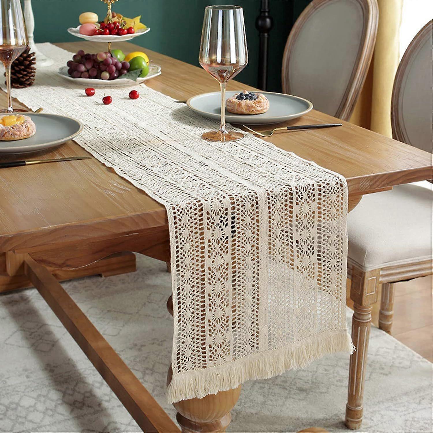 Linen tassel table runner, crochet hollow decorative table runner
