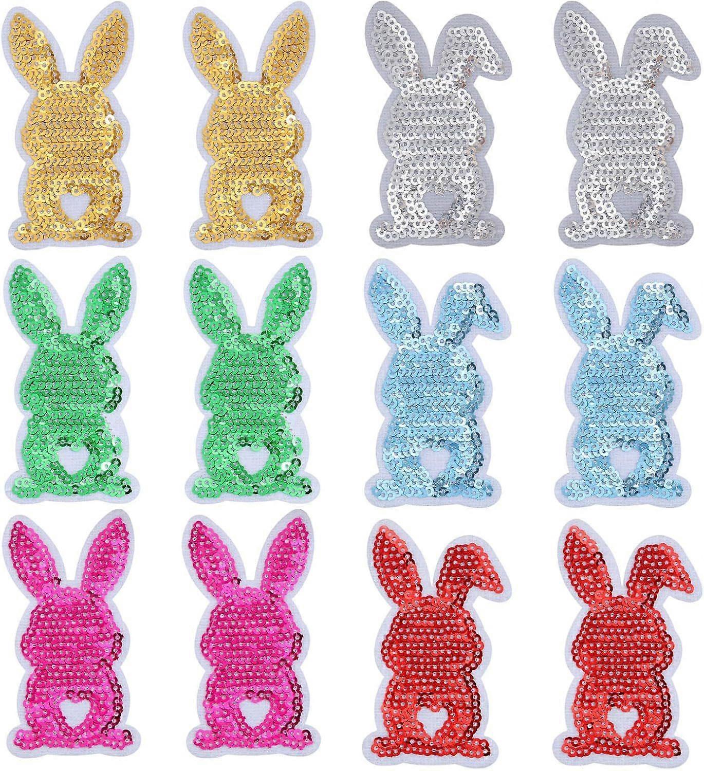 12pcs 6 Colors Sequin Patch Rabbit Sequin Patch Handicraft Beading Felt Appliques with Paillette for DIY Sewing Crafts Cloth Repairing Costume Accesso