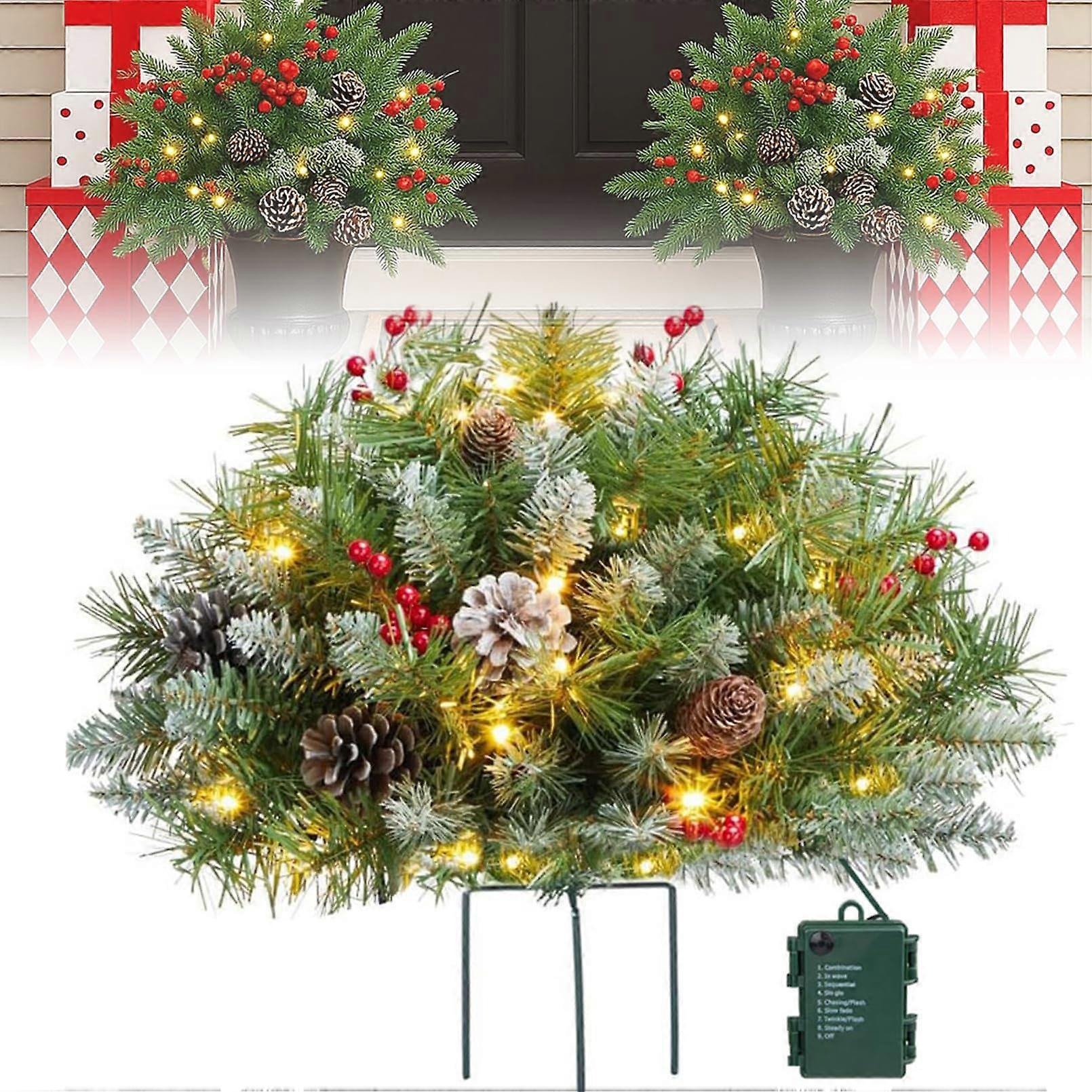 Prelit Artificial Christmas Tree Urn Filler with LED Lights, Weatherproof Evergreen for Porch and Patio