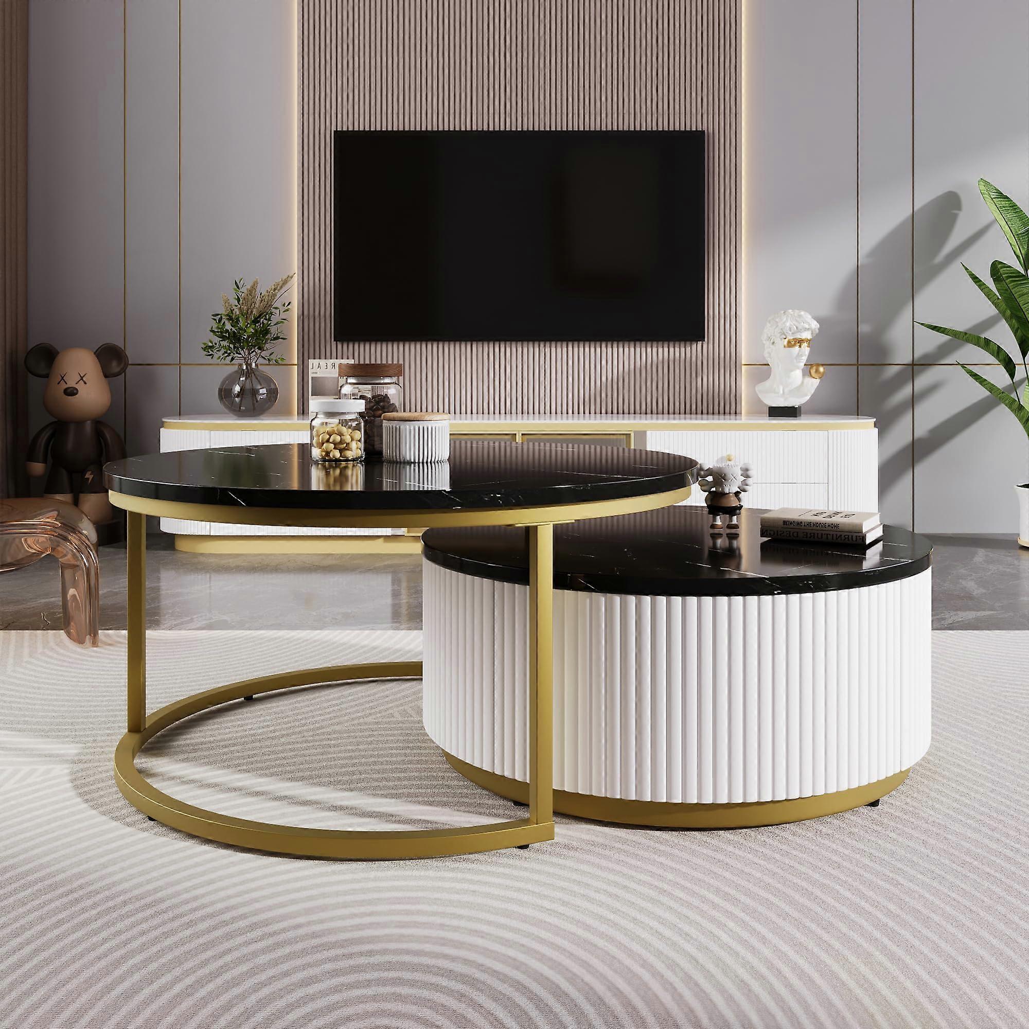 Round Nesting Coffee Table Set of 2 with Storage Drawer, Modern Fluted Base for Living Room