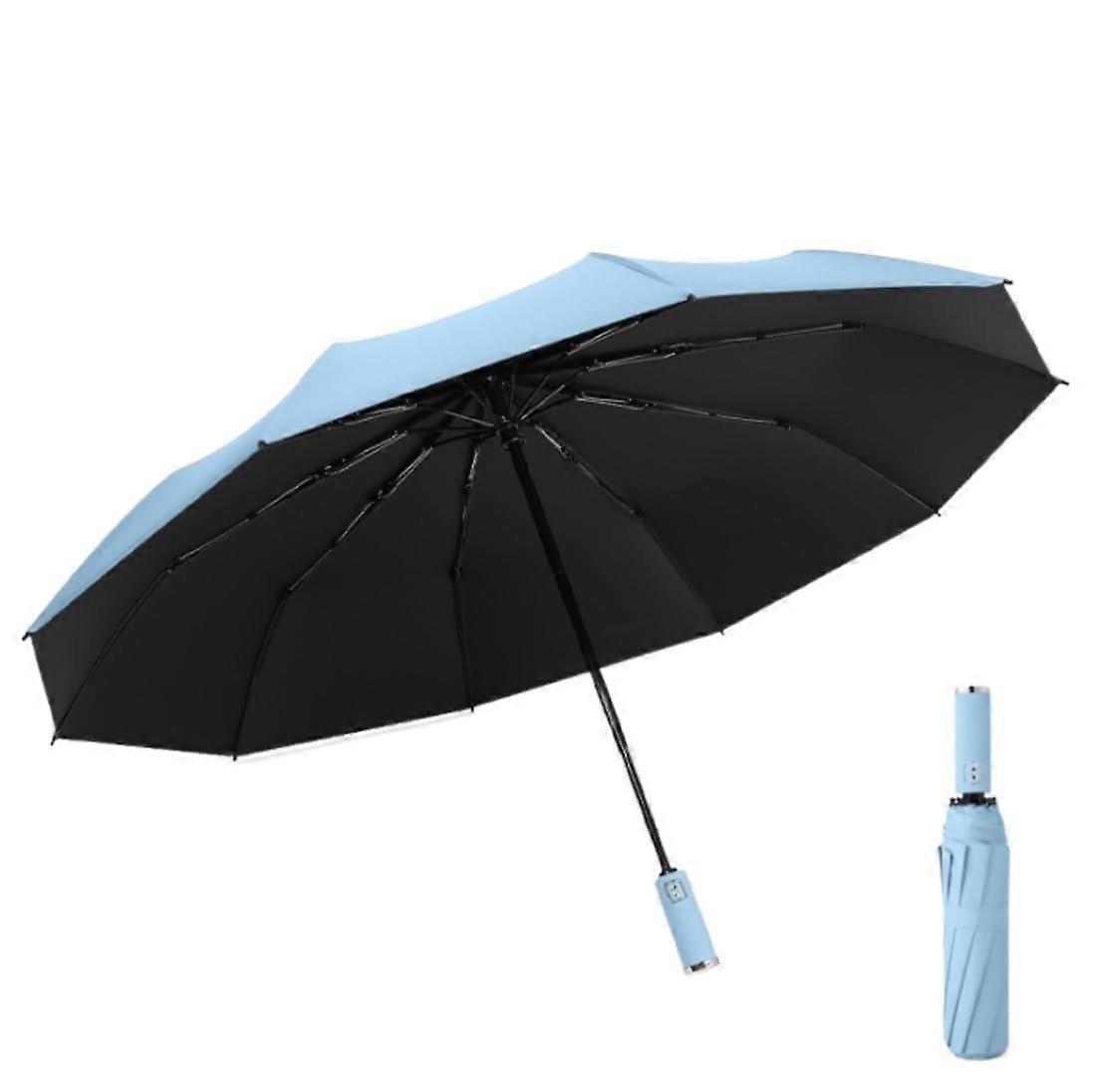 Travel Umbrella Windproof 10Rib Automatic Open Close UV Protection Large Canopy Light Blue