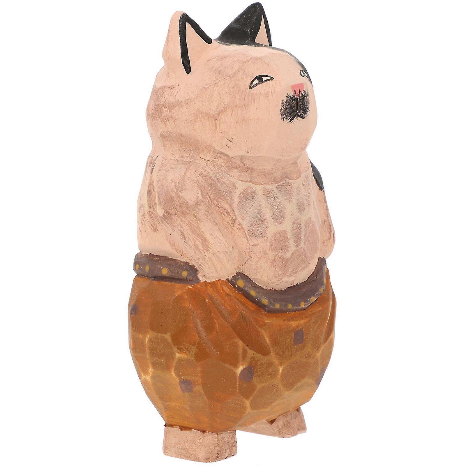 Pink Cat Ornament for Desk Decor Solid Wood Small Cat Figurine