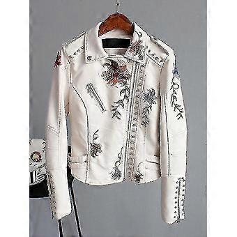 2025 Floral Print Embroidery Faux Soft Leather Jacket Women Pu Motorcycle Coat Female Black Punk Zipper Rivet Outerwear