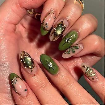 24Pcs Green Almond Press on Nails French Tip with Rhinestones Medium Reusable Acrylic Nail Set
