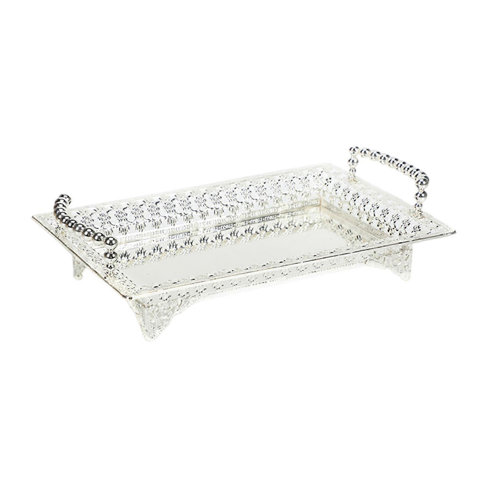 Rectangle Metal Serving Tray for Kitchen Counter, Silver Dessert Cake Stand and Fruit Basket Display