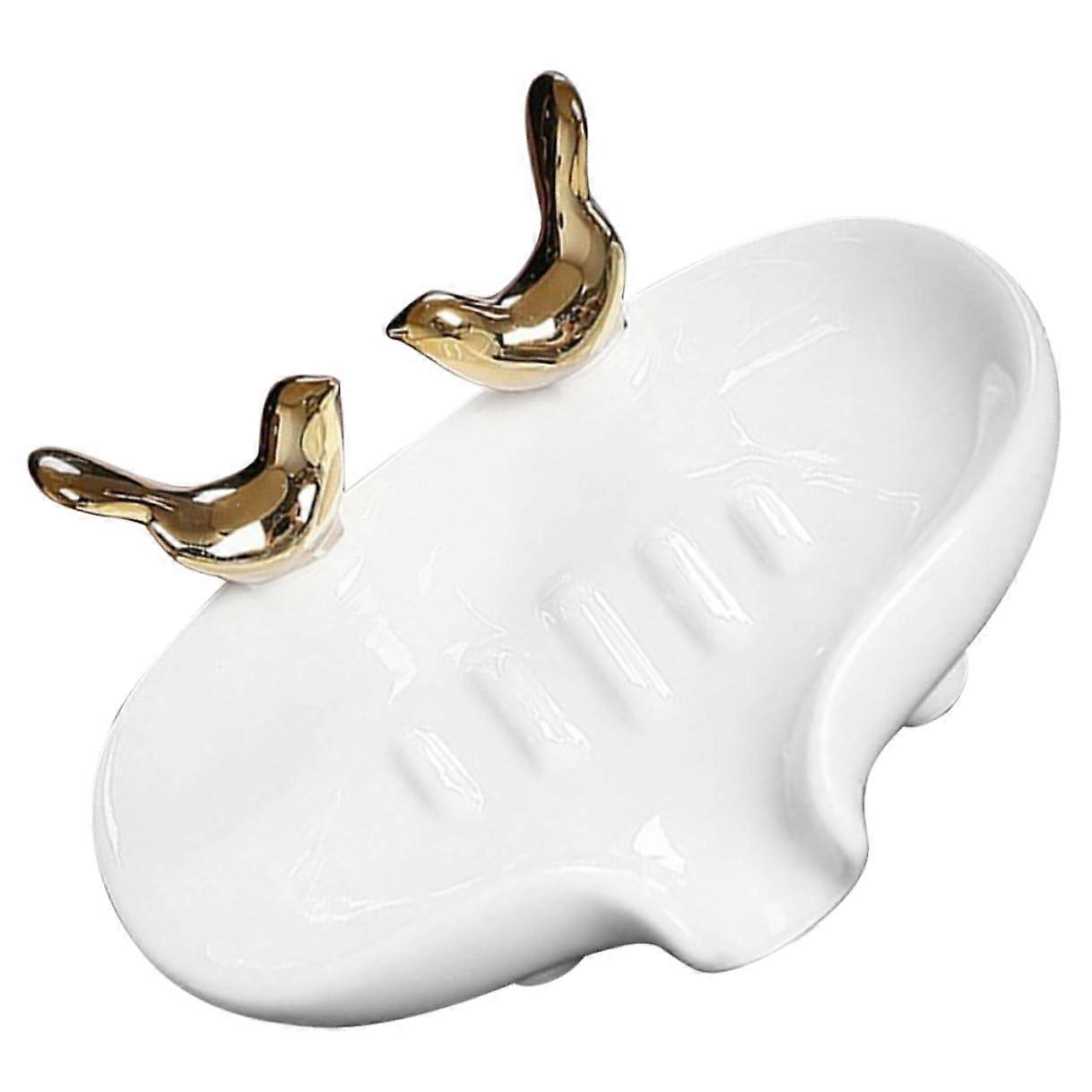 Ceramic Self Draining Soap Dish with Vintage Bird Design for Bathroom and Kitchen Decor