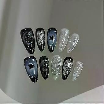 10pcs Handmade Press on Nails Y2k Starry Night Sky Almond Fake Nail Tips Detachable Wearable Sweet Cool False Nails for Girls