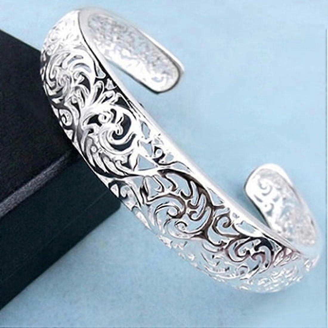 Bezel Hollow Cuff Bangle Open Bracelet in Sterling Silver