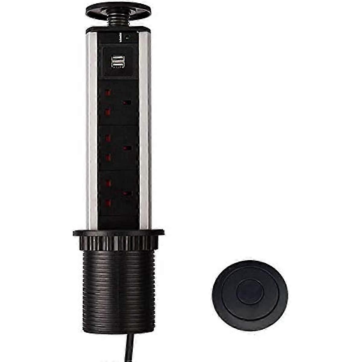 Pull Pop Up Electrical Plug Socket with USB for Kitchen Worktops (Black)   Edition 0325