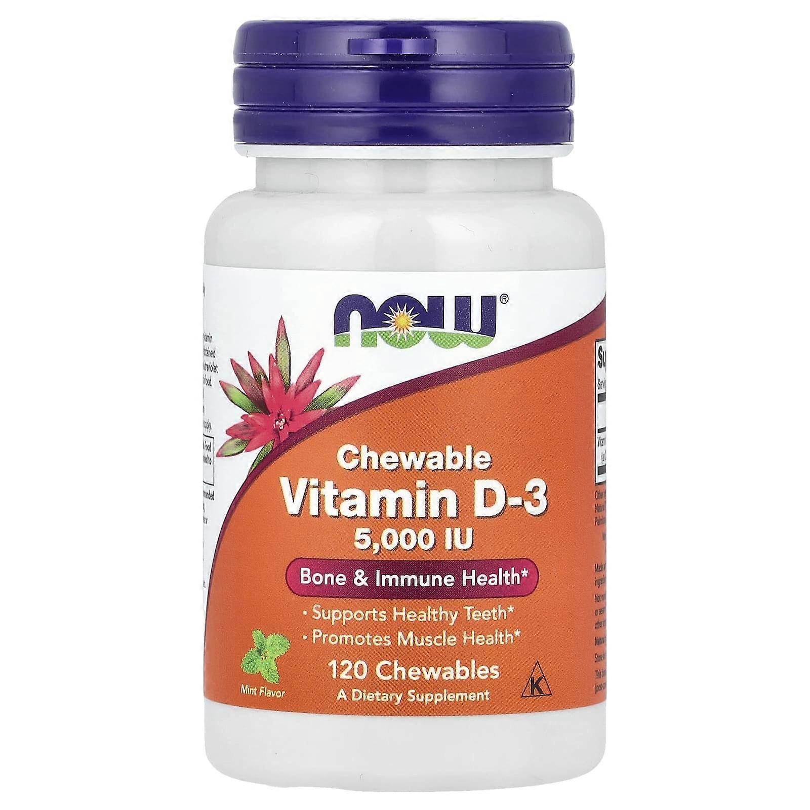 NOW Foods, Chewable Vitamin D-3, Mint, 5,000 IU, 120 Chewables, 2-Pack