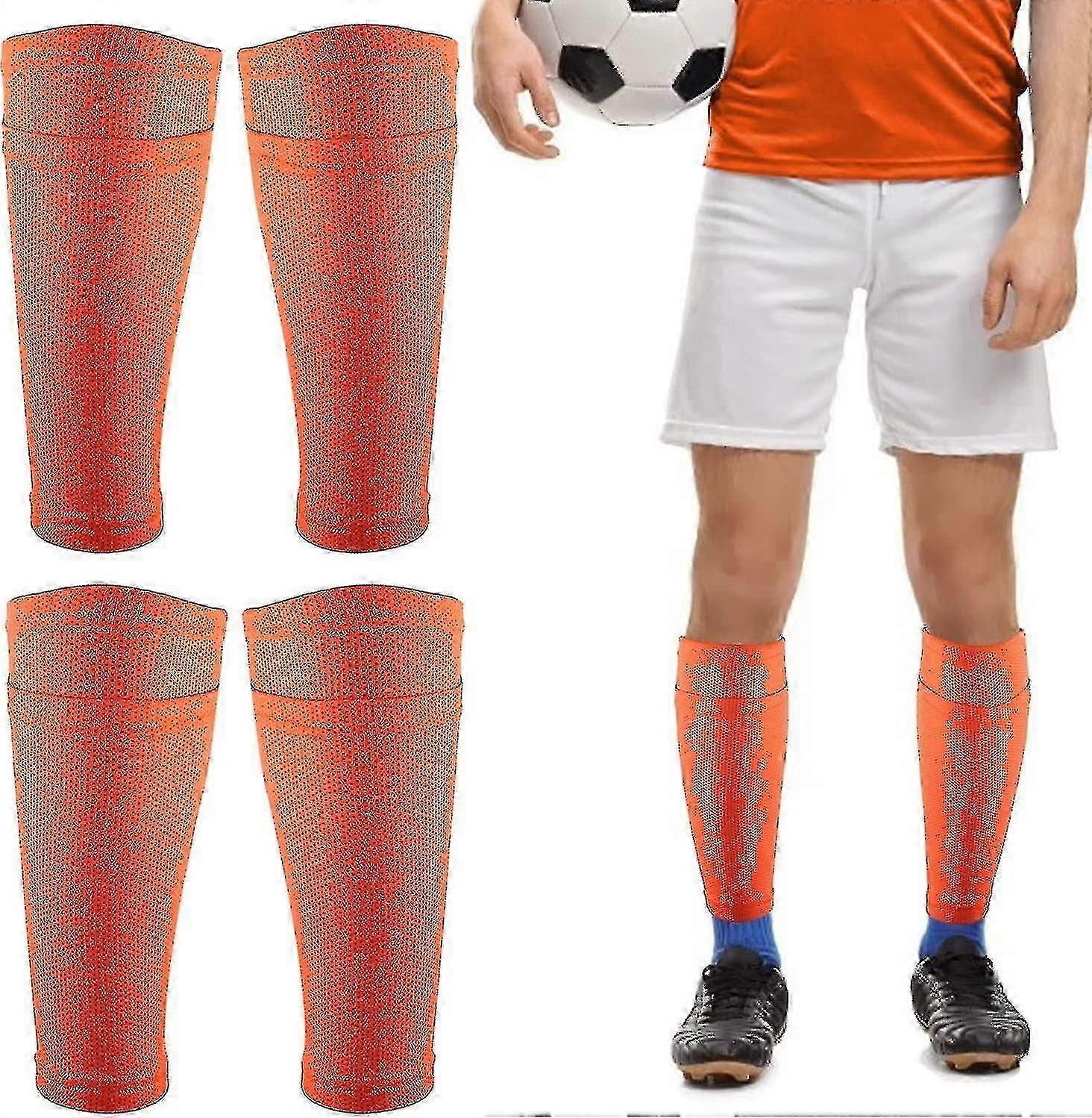 Protège-tibias de football pour enfants, 2 paires, respirants, avec poche, orange, taille S