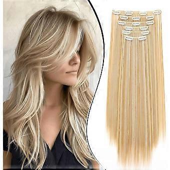 Smooth clip-on hair extensions, 6 clips, synthetic long hair, 58cm, hair clips, natural hair extensions, suitable for women, dark gold and gold.