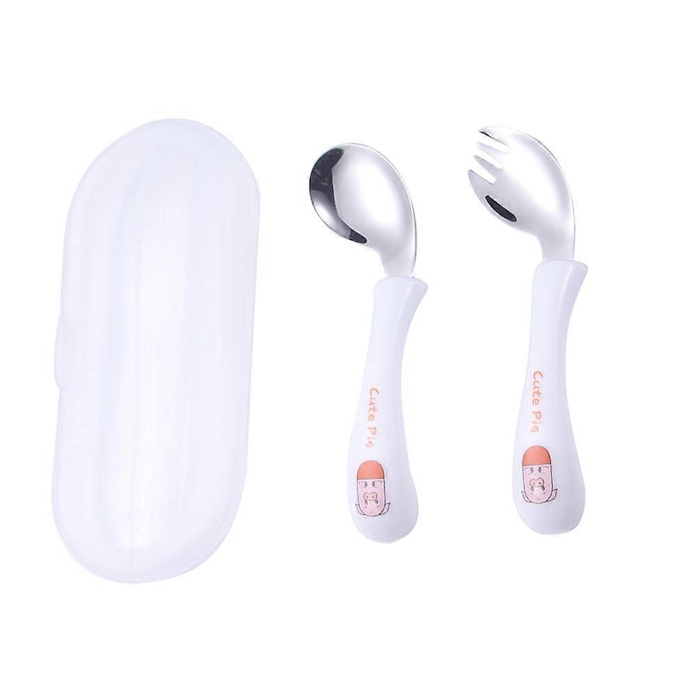Cartoon Baby Tableware Kid Spoon Fork Practicing Tableware 1Set White