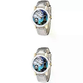 2 orologi da polso al quarzo da donna, con cinturino in pelle a tema Halloween, color argento, modello alla moda.