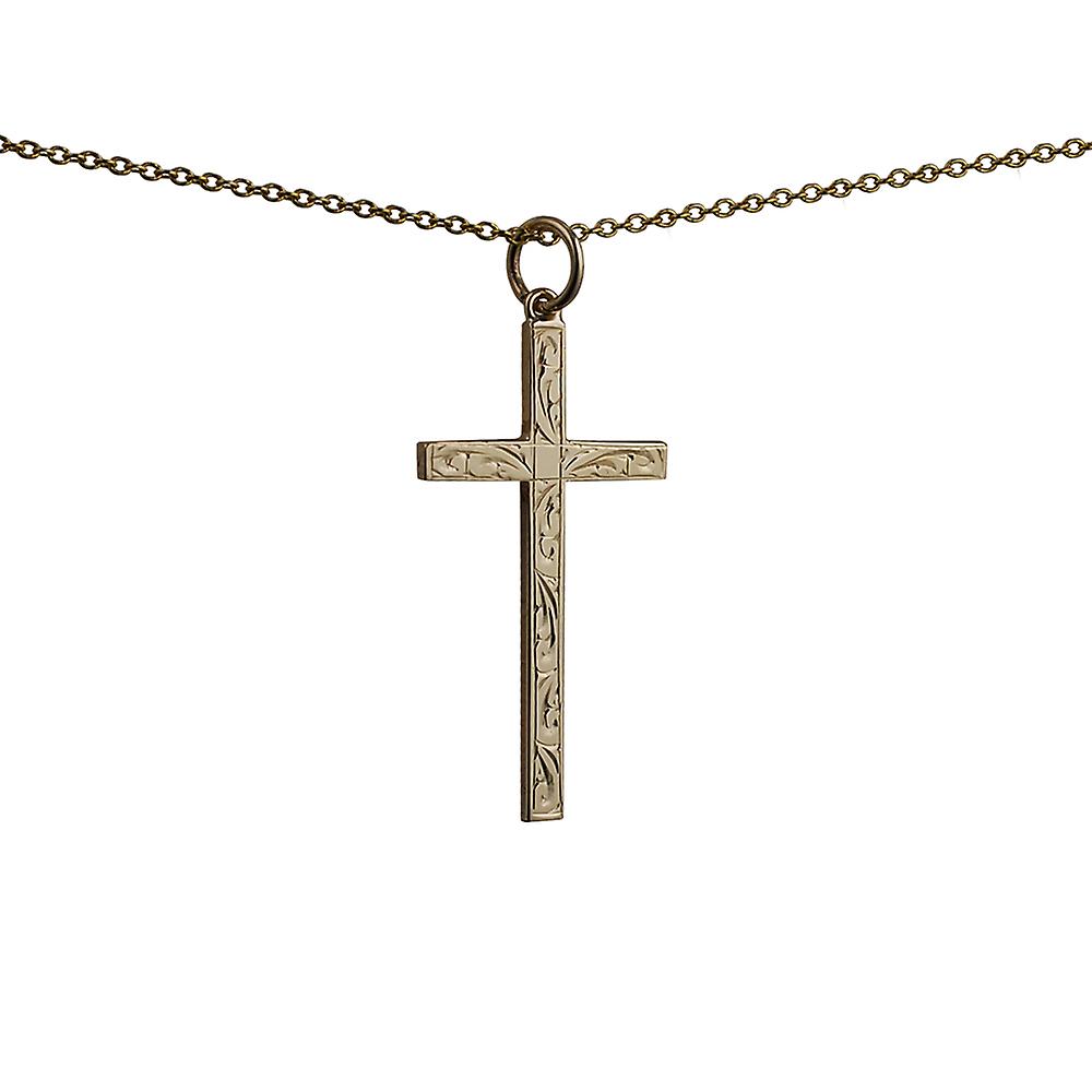 9ct Gold 30x17mm hand engraved solid block Cross with a cable Chain 16 inches Only Suitable for Children