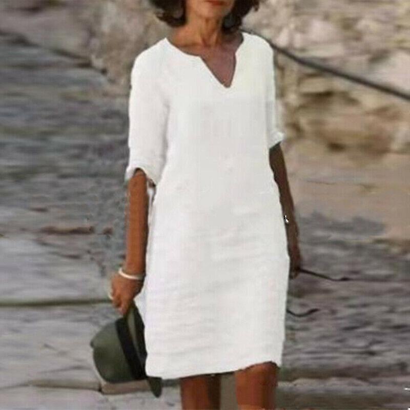 Manches courtes pour femmes Coton Lin Midi Robe Dames Solid V Neck Baggy Sundress-9