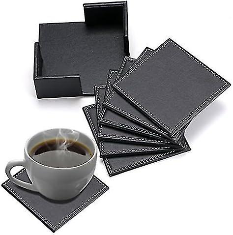 Szett 6 ital bőr alátét tartóval - négyzet alakú csésze szőnyegek tányéralátét csésze bögre pohár kávé, fekete -q42